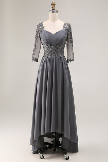 Steel Grey Appliqued A Line Pleated Beaded Mother Of The Bride Dress with Half Sleeves